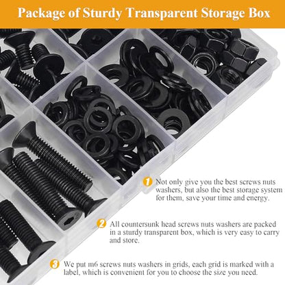 150 Pieces M6 Screws Nuts Washers Set Black, Sutemribor M6 x 8/10/12/16/20/25/30mm Countersunk Head Socket Cap Screws Nuts Washers Assortment Kit, 10.9 Grade Alloy Steel, Fully Threaded - size: M6, style: Countersunk Head Socket Cap
