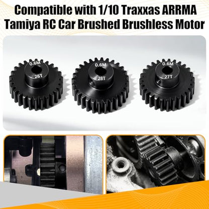3PCS 0.6M Hardened Steel Pinion Gear Set with 3.175mm Shaft, 0.6 Metric Pitch 26T 27T 28T Pinion Gears for 540 550 Brushed Brushless Motor, Compatible with 1/10 Tamiya Redcat HSP HPI RC Car - size: 26 27 28T