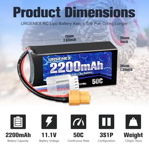 7.4V 2200mAh Lipo Battery 50C High Discharge Rate 2S RC Batteries with XT60 Plug Fit for RC Car Truggy, RC Airplane, FPV Drone, UAV Quadcopter, Helicopter and RC Boats Racing Models