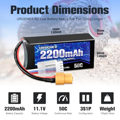 7.4V 2200mAh Lipo Battery 50C High Discharge Rate 2S RC Batteries with XT60 Plug Fit for RC Car Truggy, RC Airplane, FPV Drone, UAV Quadcopter, Helicopter and RC Boats Racing Models