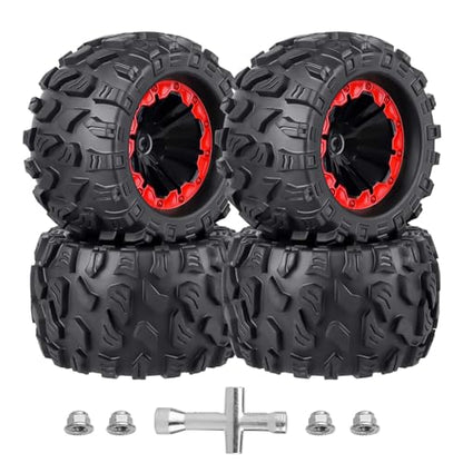 HobbyPark PreGlued 12mm Hex RC Truck Wheels and Tires Set Complete for 1/10 Traxxas Hoss 4x4 Stampede 2wd VXL Redcat Volcano EPX Pro 2s 3s 4s Lipo Brushless Systems