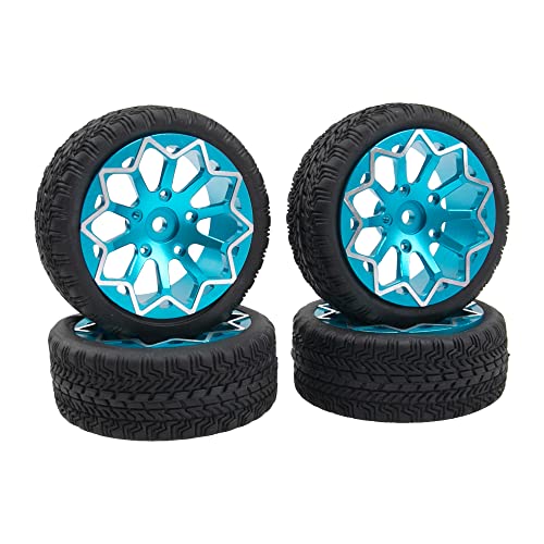 ShareGoo Metal Wheel Rims with Rubber Tire RC 12mm Hex Compatible with HSP Tamiya Kyosho RedCat Sakura WLtoys 1/10 RC On-Road Racing Touring Car (Blue) - color: Blue
