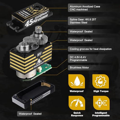 HobbyPark Waterproof 45kg High Torque Servo Brushless Motor 8.4V HV Servo Metal Gear Digital Servo Stainless Steel Gear for RC Crawler RC Car RC Truck RC Buggy Control Angle 180° 0.08sec 2BB