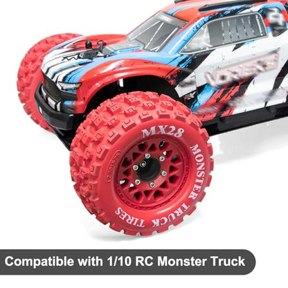 LRFHL MX28 F/R 2.8" RC Monster Truck Tires and Wheels 4PCS, Red | 12mm/14mm Hex Adapter, 1/10 RC Monster Truck, Compatible with Traxxas Stampede Rustler Redcat Arrma Vorteks Big Rock Granite - color: Red Tires+ Red Wheel-7