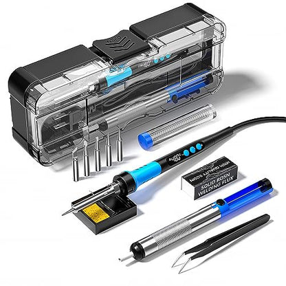 Soldering Iron Kit, 90W 110V LCD digital soldering gun，12-in-1 Soldering Iron Kit Tool，Temperature adjustable from 180-480°C，5 soldering tips，soldering wire，soldering paste，soldering pump - color: Sky Blue