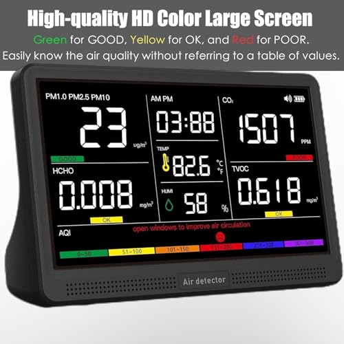 Professional Indoor Air Quality Monitor with 7X AQI Beep Alarms,16 in 1 Portable Real-Time Detector for PM2.5 | PM10 | CO2 | TVOC | HCHO | Temp | Hum for Home Cars Plants Pets (Smoke Black)