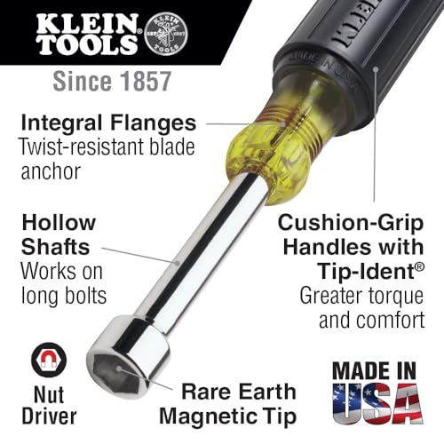 Klein Tools 631M Tool Set, Made in USA, Magnetic Nut Drivers Sizes 3/16, 1/4, 5/16, 11/32, 3/8, 7/16 and 1/2-Inch on 3-Inch Full Hollow Shaft, 7-Piece - style: Magnetic