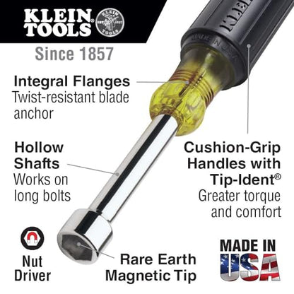 Klein Tools 631M Tool Set, Made in USA, Magnetic Nut Drivers Sizes 3/16, 1/4, 5/16, 11/32, 3/8, 7/16 and 1/2-Inch on 3-Inch Full Hollow Shaft, 7-Piece - style: Magnetic