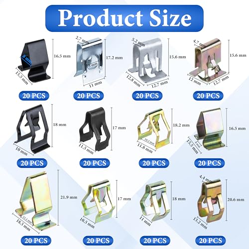 240 PCS 12 Sizes Auto Car U-Clips, Metal Trim Clips, Trim Moulding Clip Kit | Automotive Trim Moulding Fastener Clips, Universal Metal Dash Retainer Clips Replacement for Most Cars