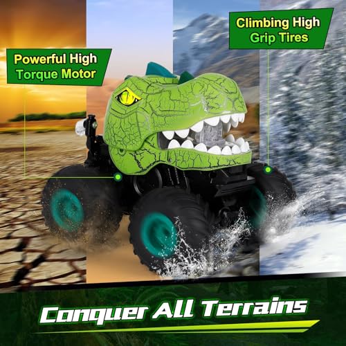Drefirsa Remote Control Dinosaur Car for Boy 4-7 8-12, Dinosaur Toy for Kid | 50min+ Runtime,Stunt, Spray, LED Light, Rotating, Upright Driving, Monster Truck Toy for Kid Birthday Christmas Gift - color: Beige