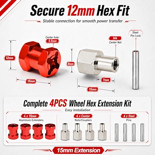 4PCS 12mm Hex Hub 15mm Aluminum Extension Hex for Axial SCX10 D90 90046 | 15mm CNC Wheel Hex Extenders for 1/10 RC Crawlers Redcat Gen7/Gen8 CC01 RC4WD Wider Stance & Tire Clearance with M4 Nuts Pins - color: Red