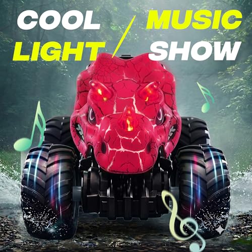 BEZGAR 1:18 Scale Monster Truck Toys, 4WD RC Cars with Music, Mist Spray & LED Light, 360° Stunt Spins RC Truck Dinosaur Toys, Remote Control Car for Boys 4-7(Pink) - color: Pink