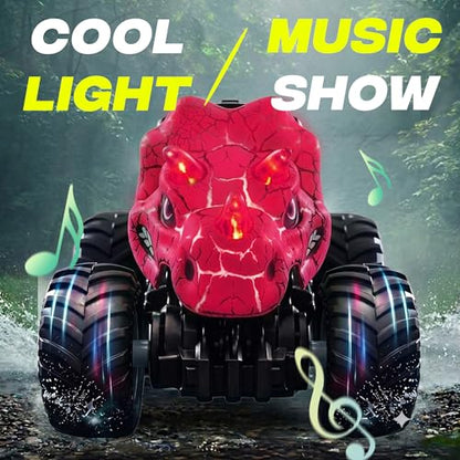 BEZGAR 1:18 Scale Monster Truck Toys, 4WD RC Cars with Music, Mist Spray & LED Light, 360° Stunt Spins RC Truck Dinosaur Toys, Remote Control Car for Boys 4-7(Pink) - color: Pink
