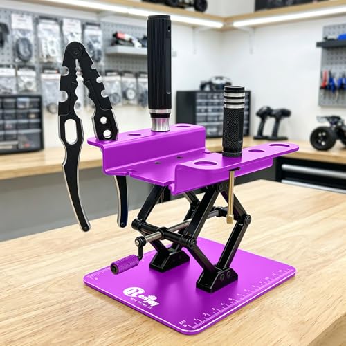 RC Stand Lift Lower with 3-Slot Screw Tray for 1/8 1/10 1/12 Scale, Purple | Aluminum RC Car Work Stand Repair Tool Set for RC Cars Crawler Truck Traxxas TRX4 Axial SCX10 Upgrade - color: Purple, With 3-slot Screw Tray