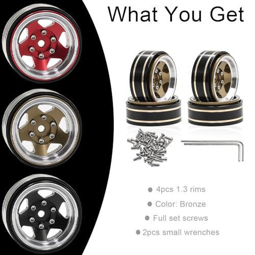 1.3 Beadlock Wheel - Aluminum & Brass Wheel Rims for TRX4M SCX24 1/18 1/24 | Brass Negative Offset 1.3” Wheel Hub Width 15mm OD 37mm with 7mm Hex Fit FMS Ascent-18 RC Car Off Road Tire, 4pcs (Brozne) - color: Bronze