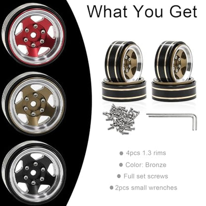 1.3 Beadlock Wheel - Aluminum & Brass Wheel Rims for TRX4M SCX24 1/18 1/24 | Brass Negative Offset 1.3” Wheel Hub Width 15mm OD 37mm with 7mm Hex Fit FMS Ascent-18 RC Car Off Road Tire, 4pcs (Brozne) - color: Bronze