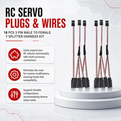 6 Packs Servo Extension Cable and Y Splitter Harness Kit, 3 Pin Male to Female Wire for RC Car Servo, Lights, Plane, Helicopter, and Receiver Connections, 15cm / 5.9in