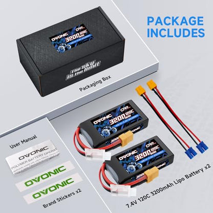 OVONIC 2S Lipo Battery 7.4V 3200mAh 120C with XT60 to EC3 Connector for RC Car Truck Vehicles Boat Drone Airplane Quadcopter Helicopter FPV Racing Hobby Models Pro Truck Boat Jet Basher 2 Batteries