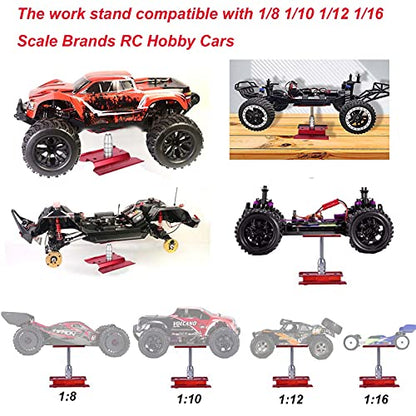 RC Car Work Stand Aluminum Alloy 360 Degree Rotation Lift Work Repair Workstation with Screw Tray for 18 110 112 116 Scale Cars Trucks Buggies Red