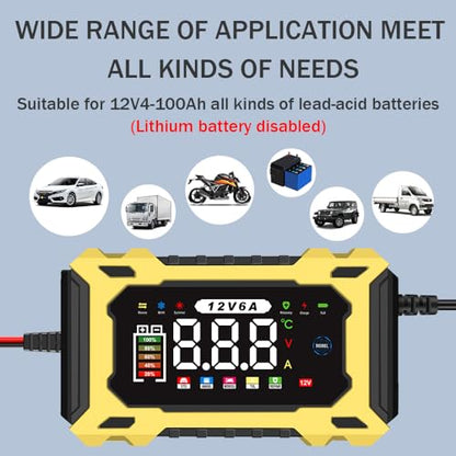 6-Amp 12V Smart Car Battery Charger, Battery Maintainer Trickle Charger with Desulfator, Pulse Repair & Overcharge Protection - for Car Lawn Mower Marine Lead-Acid Batteries (Yellow) - color: Yellow