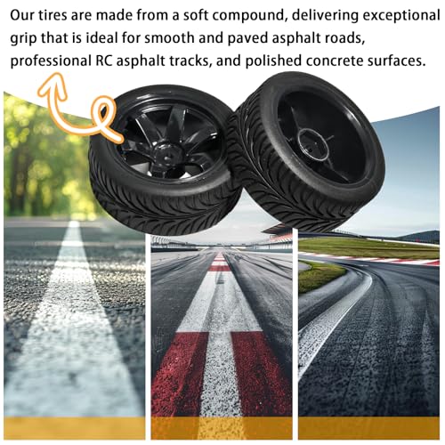 OD 2.55" On Road Rubber Tires Plastic Wheel Rims 12mm Hex for 1/10 RC Car | Compatible with MJX HSP Tamiya HPI Kyosho Traxxas Sakura Redcat WLtoys 1/10 RC On-Road Racing Touring Car (4pcs, Black) - style: E-Black