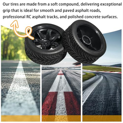 OD 2.55" On Road Rubber Tires Plastic Wheel Rims 12mm Hex for 1/10 RC Car | Compatible with MJX HSP Tamiya HPI Kyosho Traxxas Sakura Redcat WLtoys 1/10 RC On-Road Racing Touring Car (4pcs, Black) - style: E-Black