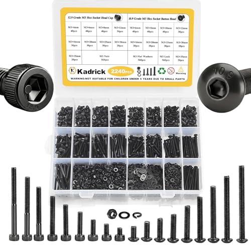KADRICK 2240PCS M3 Screw Assortment,Hex Socket Button & Cap Head M3 Screws | Nuts Flat & Lock Washers Included,Class 10.9 Alloy Steel,Black Oxide Finish,M3 Screw Kit,M3 Bolts Length from 4MM-35MM - size: M3 2240Pcs 4-35mm