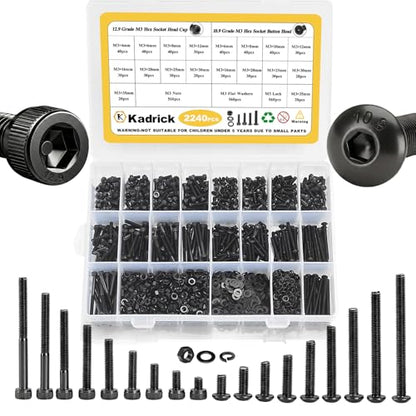 KADRICK 2240PCS M3 Screw Assortment,Hex Socket Button & Cap Head M3 Screws | Nuts Flat & Lock Washers Included,Class 10.9 Alloy Steel,Black Oxide Finish,M3 Screw Kit,M3 Bolts Length from 4MM-35MM - size: M3 2240Pcs 4-35mm