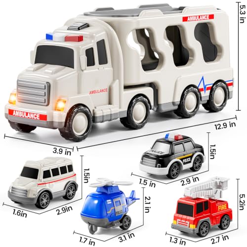 JUKUDAHU 5-in 1 Play Ambulance Toy, Toddler Truck Toys for Boys Ages 3-8 | Friction Powered Vehicle with Light and Sound, Police Car, Fire Truck, Ambulance, Helicopter, Birthday Gifts for Kids Ages 3+ - style: 5 IN 1 Ambulance Truck