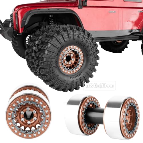 RC 1.9" Beadlock Wheels and Tires for 1/10 RC Crawler SCX10 90046 AX103007 TRX4 TRX6 VS4-10 Red cat Gen8 7 MST CFX RC 4WD D90,Dually 1.9 Beadlock Wheels Aluminum Rims Rubber Tires,Bronze - color: Bronze(4pcs)