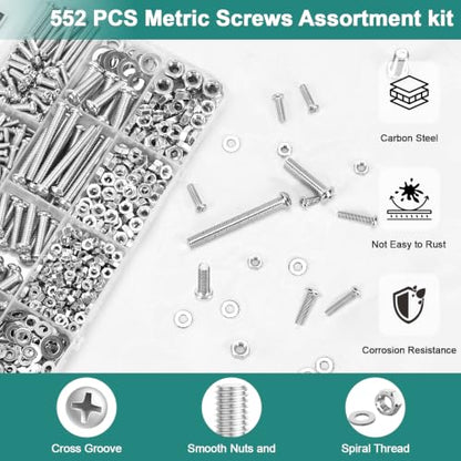 552 Pcs Metric Screws Nuts and Bolts Assortment Kit, M3 M4 M5 M6 Set Screws | 13 Sizes Machine Screws with Flat Washers for Machinery, Furniture, Automotive & DIY Repairs