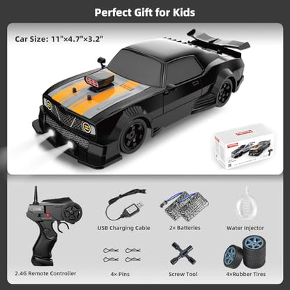 RC Drift Car 2.4GHz 1:16 Scale 4WD High Speed Remote Control Cars Vehicle with LED Lights Two Batteries and Drifting Tires Racing Sport Toy Cars for Adults Boys Girls Kids - color: Black