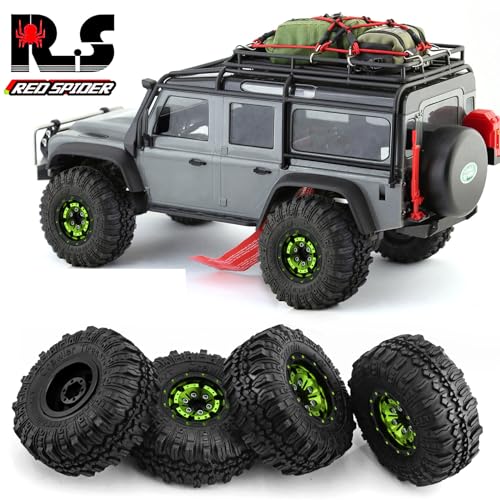 REDSPIDER （4pcs） 1.0 beadlock Wheels and Tires，1.0 Tires Set Has Super Soft Stickiness，Wheel hub Colors Available. 1.0 Crawler Tires for TRX4M Axial AX24 SCX24 FCX24 1/18 1/24 RC Crawler Car (Green) - color: Green