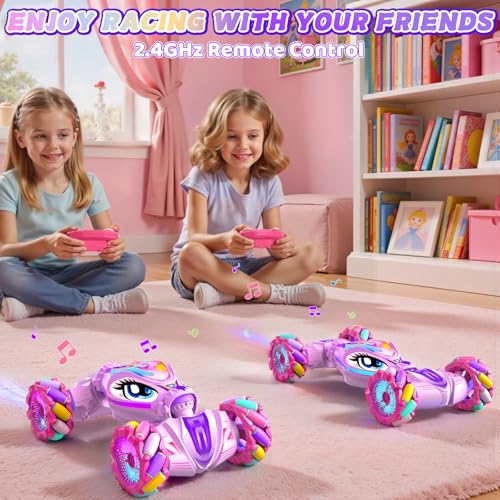 Unicorn Remote Control Car for Girls Age 6-8-12, Pink RC Gesture Sensing Stunt Cars, 2.4Ghz 4WD RC Cars Hand Controlled Remote Control Twist Car with Light & Music, Gift for Kids Age 6 7 8 9 10 11 12+