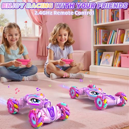 Unicorn Remote Control Car for Girls Age 6-8-12, Pink RC Gesture Sensing Stunt Cars, 2.4Ghz 4WD RC Cars Hand Controlled Remote Control Twist Car with Light & Music, Gift for Kids Age 6 7 8 9 10 11 12+