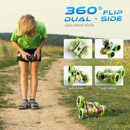 Remote Control Stunt Car – 4WD 360° Flip Double‑Sided RC Car LED Light Bar & Modular USB‑C Battery, 2.4 GHz Off‑Road Toy, Birthday for Boys Girls Ages 6‑12, Green - color: Green