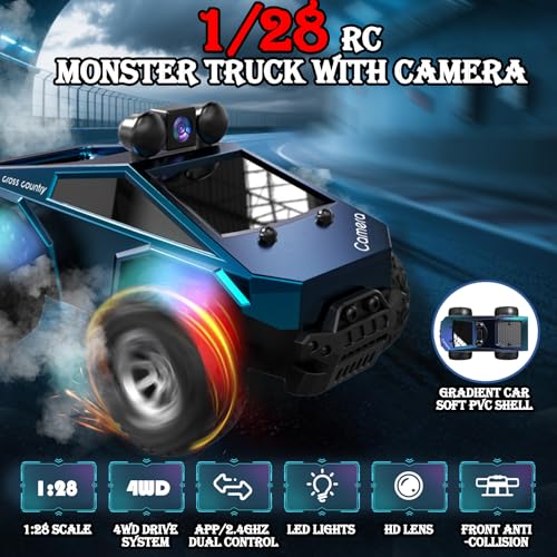 1:28 Scale FPV Monster Truck RC Cars with 720P HD Camera, 2.4GHz Remote Control Car, All-Terrain Off-Road RC Truck with Body Light, 2 Rechargeable Batteries, Toy Gift for Kids Adults Boys