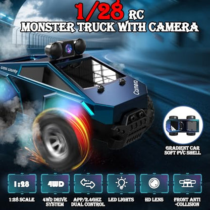 1:28 Scale FPV Monster Truck RC Cars with 720P HD Camera, 2.4GHz Remote Control Car, All-Terrain Off-Road RC Truck with Body Light, 2 Rechargeable Batteries, Toy Gift for Kids Adults Boys