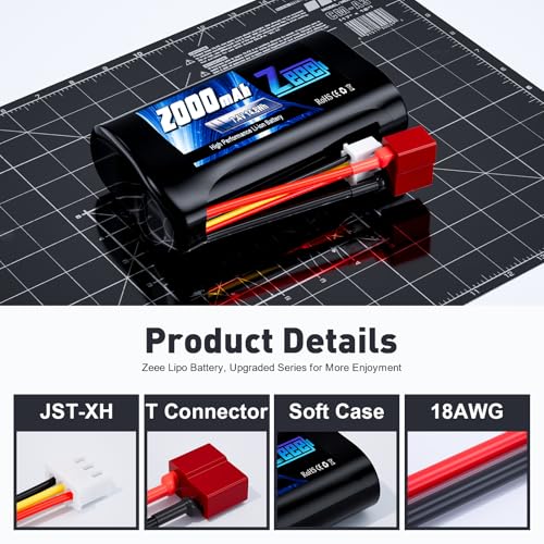 Zeee 2S Li-ion Battery 2000mAh 7.4V T Connector with 7.4V Battery Charger | Compatible with 1/10, 1/12, 1/16 Scale RC Cars 4WD High Speed RC Boat Trucks (2 Pack)