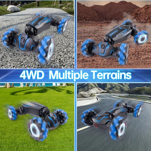 4WD Remote Control Gesture Sensor Car, Double-Sided Rotating 360° Flips Drift, with Lights Music, RC Stunt Twist Car Birthday Presents for 5-12 Kids (Blue) - color: L-blue