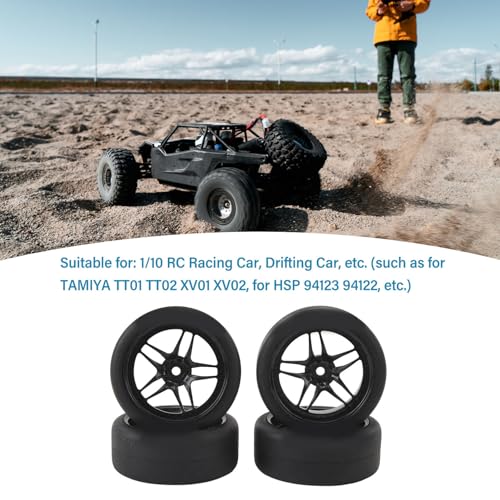 4pcs RC Tires Wheels Rims Set, 1/10 Scale Rubber Tires with 12mm Hex Hub, 26mm Wide Smooth Drift Tires for RC Racing and Drifting Cars Compatible with TT01 HSP (Black) - color: Black