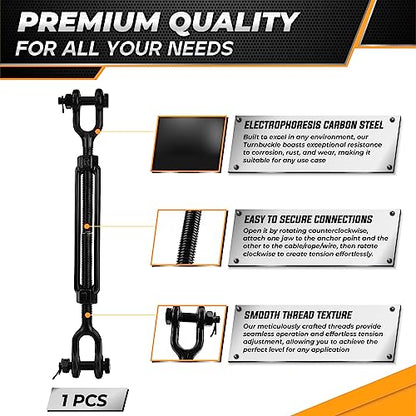 Heavy-Duty 3500LB 5/8”x15” Jaw and Jaw Turnbuckles for Cable Wire Tensioner | Ultra Durable Steel Weather Resistant, Durable Black Turnbuckle for Wire Rope Tension, Shade Sail Hardware, Sun Shade Tent - style: 1Pcs 5/8”x15”