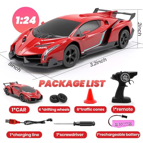 QUN XING Remote Control Car 1:24 Licensed Lamborghini 2.4G RC Drift Car red | rc car with LED Lights 2.4GHz 4WD 15KM/H Fast Speed Control Rechargeable Battery 800mah Birthday for Kids Boys 8-12 - color: Red