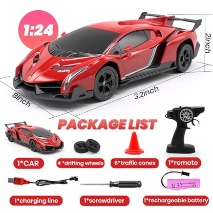 QUN XING Remote Control Car 1:24 Licensed Lamborghini 2.4G RC Drift Car red | rc car with LED Lights 2.4GHz 4WD 15KM/H Fast Speed Control Rechargeable Battery 800mah Birthday for Kids Boys 8-12 - color: Red