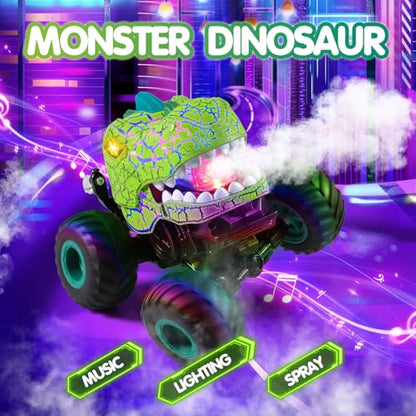 DYODYORC Remote Control Car, 2.4Ghz All Terrain Dinosaur Monster Truck Toys, RC Truck with Spay, Music, 3 Lighting Effects, Stunt Capable, Toy Gifts for Boys and Girls (Green) - color: Green