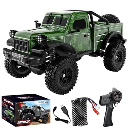 1/18 Scale RC Pickup Truck for Adult, 2.4GHz 4WD Off-Road Remote Control Drift Car, RC Rock Crawler with LED Lights, 12km/h High Speed & Waterproof ESC - color: Green, size: 1 Battery
