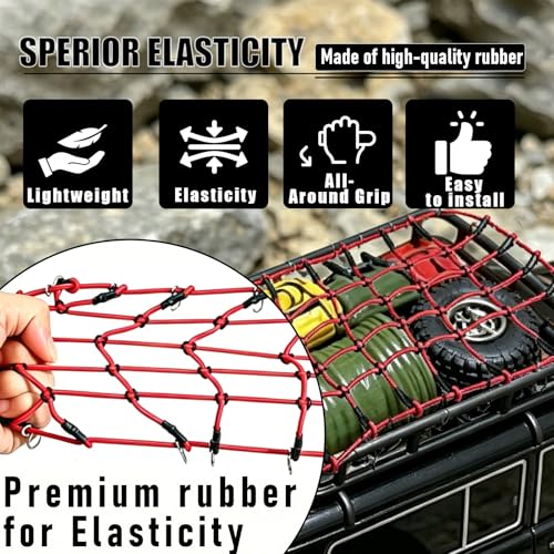 1/10 RC Elastic Cargo Net with Hooks, 240×140mm Roof Luggage Net for SCX10 | Compatible with 1/10 1/8 Traxxas TRX-4, D90, D110, SCX10, 90046 1/10 1/8 Crawler Truck Buggy Rack Accessories (Red) - color: Red