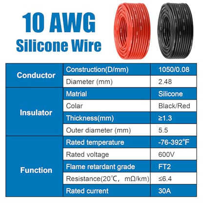 10 Gauge Silicone Wire (2 PCS) 10 FT Red + 10 FT Black Tinned Copper Core, Flexible 10 AWG High Temp Wire for Battery, Automotive, Solar, RC Car, Drones etc. - size: 10 AWG 10FT