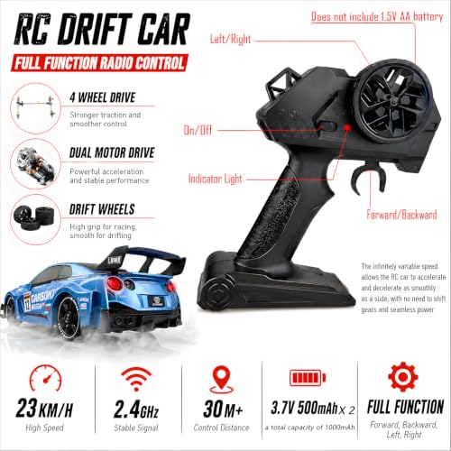 HTURCCOP 1:24 RC Drift 2.4GHz with LED Light Race Car Toys for Boys and Girls Aged 6+ Speed Adjustable up to 23Km/H, High-Speed RC Racing Cars Toy Gift for Boys & Girls - color: Blue