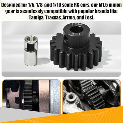 M1.5 19T Pinion Gear 8mm Bore with 8mm to 5mm Shaft Adapter Sleeve, Chromium Steel Motor Gear with Set Screw & Hex Key for Traxxas ARRMA Losi 1/5 1/8 RC Cars - size: 19T